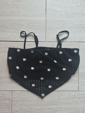 No Boundaries Black Crochet Daisy Cami Top with Yellow Embroidery
